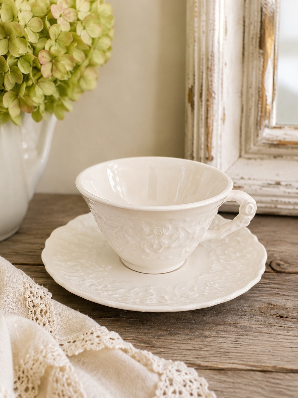 Steubenville Rose Point Tea Cup & Saucer Set White Embossed Floral Vintage